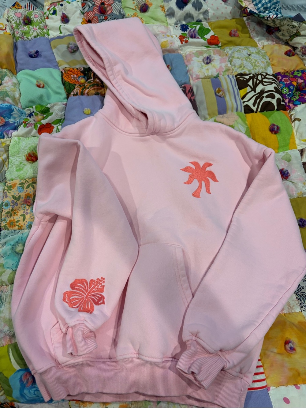 Pink Palm Puff Women's Pink Cowl & Turtleneck Hoodie with Tropical Motifs